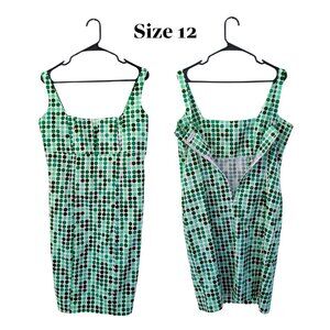 Calvin Klein Green Polka Dot Sheath Dress Size 12 Cotton Stretch Back Slit